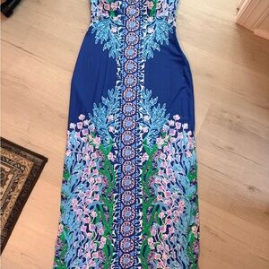 Lilly Pulitzer Noa Navy Maxi Dress with Pink & Green Floral Motif